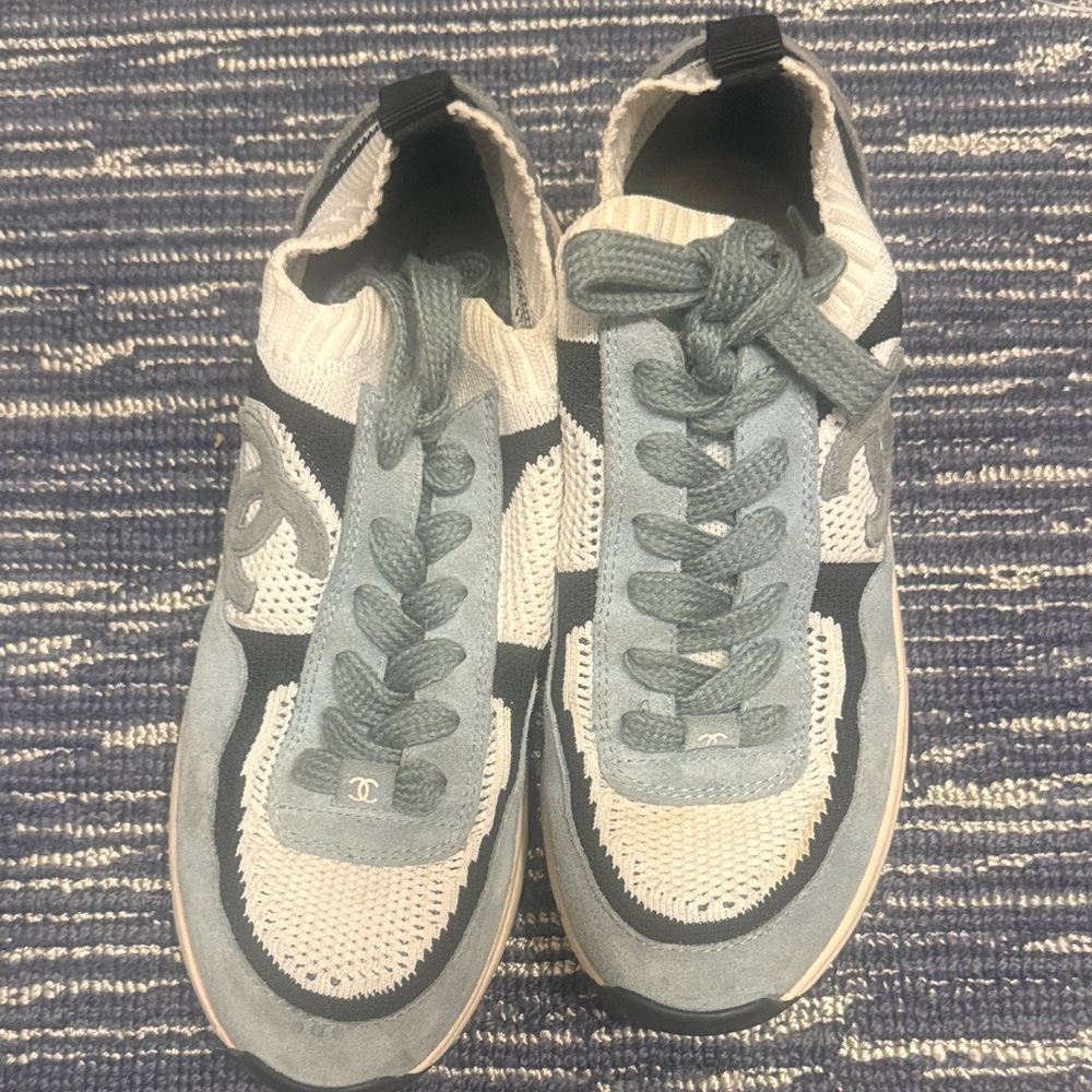 CHANEL Men's Knit & Suede Sneakers in Light Blue, Cream and Black